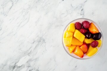 Refreshing fruit bowl with mango, raspberries, and cherries on marble surface