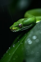 Fototapeta premium Green Tree Python in Rainforest: A striking green tree python coiled on a mossy branch, blending perfectly into its surroundings. Reptile. Wildlife. Snakes.
