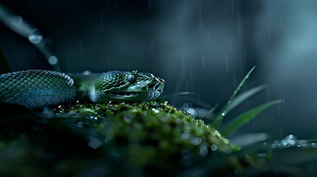 Green Tree Python in Rainforest: A striking green tree python coiled on a mossy branch, blending perfectly into its surroundings. Reptile. Wildlife. Snakes.