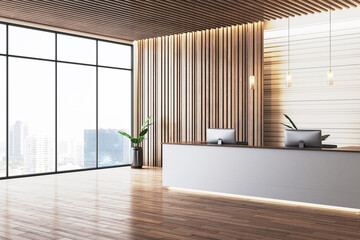 Modern reception area with wooden accents and large glass windows in a corporate office. 3D Rendering