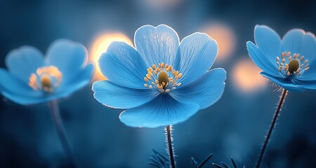 blue flower sway in wind with gentle sunlight, spring nature background