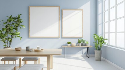 Light and airy eating room featuring a table with seats, a stand, and a mockup frame. The space is designed to be inviting and functional, ideal for dining and gatherings.