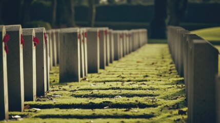 Serene military cemetery with rows of headstones and red poppies in sunlight