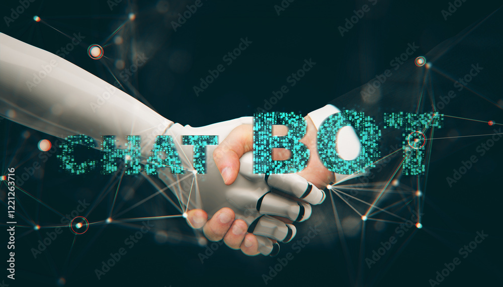 Poster chatbot handshake concept with human and robot hands shaking, holographic text, and abstract digital