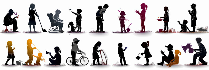 Silhouette Vector illustration set by black silhouettes of people, including woman, man, child, family, sport, dance, business, and action figures, unique vector icon set