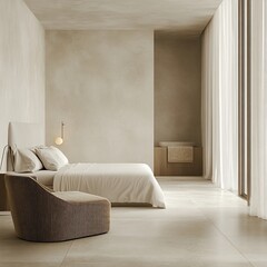 Minimalist bedroom with beige walls, large bed, and a comfy chair.