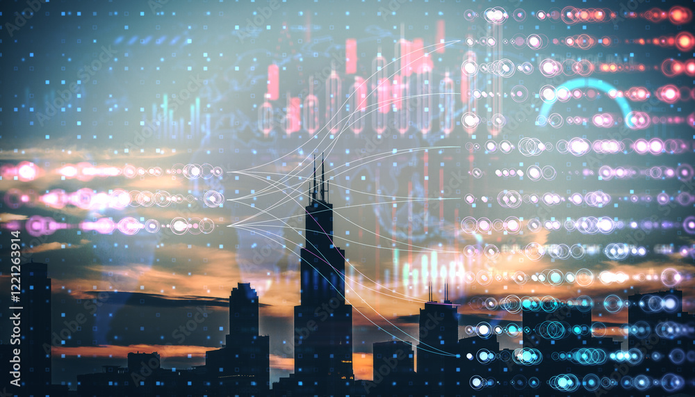 Poster abstract city skyline with digital data overlay at sunset, representing futuristic technology and ur