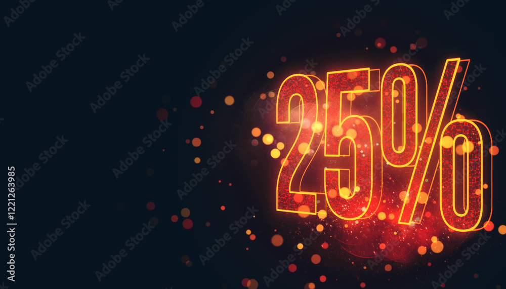Poster neon glowing 25 percent discount sign in vibrant orange with bokeh light effect on dark background. 