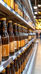 Bottles of craft beer displayed on a shelf in a lively store during the evening hours, inviting customers to explore diverse flavors