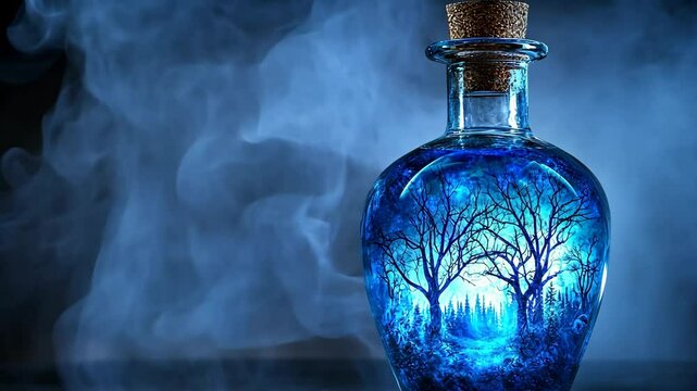 Mysterious blue potion bottle with intricate forest design and smoke effects in a dark setting