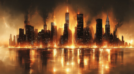 Fototapeta premium Urban Landscape Engulfed in Intense Fiery Destruction
