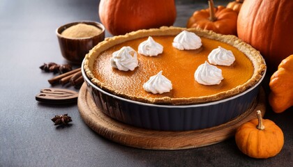Fototapeta premium Generated image A freshly baked pumpkin pie on a table with whipped cream and cinnamon sticks