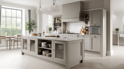 Light kitchen interior featuring an island with seating and a range of kitchenware. The space is bright and airy, ideal for cooking and dining.