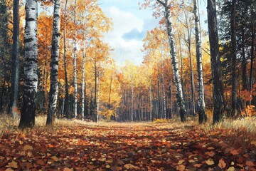 Fototapeta premium Enchanting autumn forest scene with red and gold leaves nature landscape peaceful environment gigapixel viewpoint