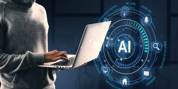 Person using laptop with AI technology icons on digital background.