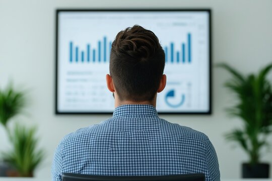 Business professional analyzing data trends on a large screen in a modern office environment