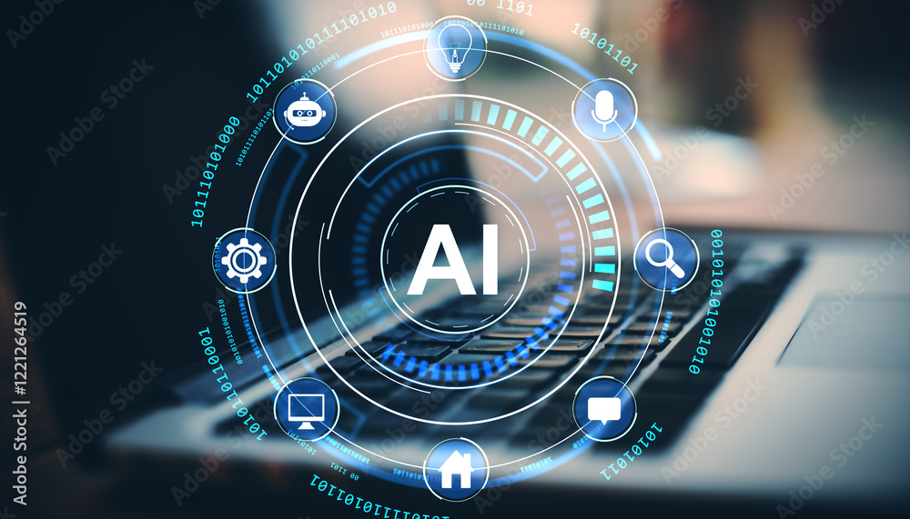 Poster AI technology concept with icons on digital interface over laptop keyboard.