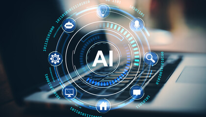 AI technology concept with icons on digital interface over laptop keyboard.