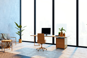 Modern workspace with large windows and city view. 3D Rendering