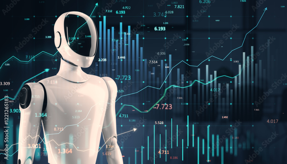 Poster Robot with futuristic financial charts in the background representing fintech and data-driven technology progress. 3D Rendering