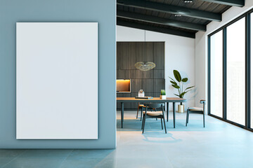 Modern kitchen interior with blank vertical canvas for advertising or mockup. 3D Rendering