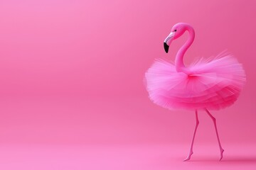 A vibrant pink flamingo wears a fluffy tutu against a soft pink background, showcasing a playful and whimsical vibe.