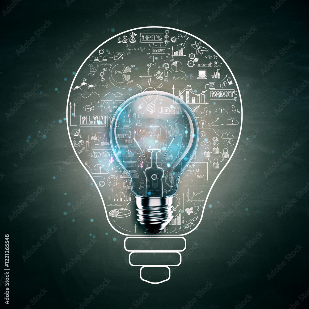 Poster Creative representation of a lightbulb with sketches and diagrams inside on dark background symbolizing ideas and brainstorming. 3D Rendering