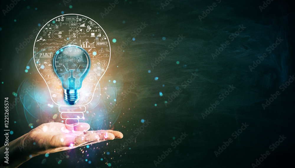 Poster illuminated lightbulb concept with creative doodles over a hand on dark background.