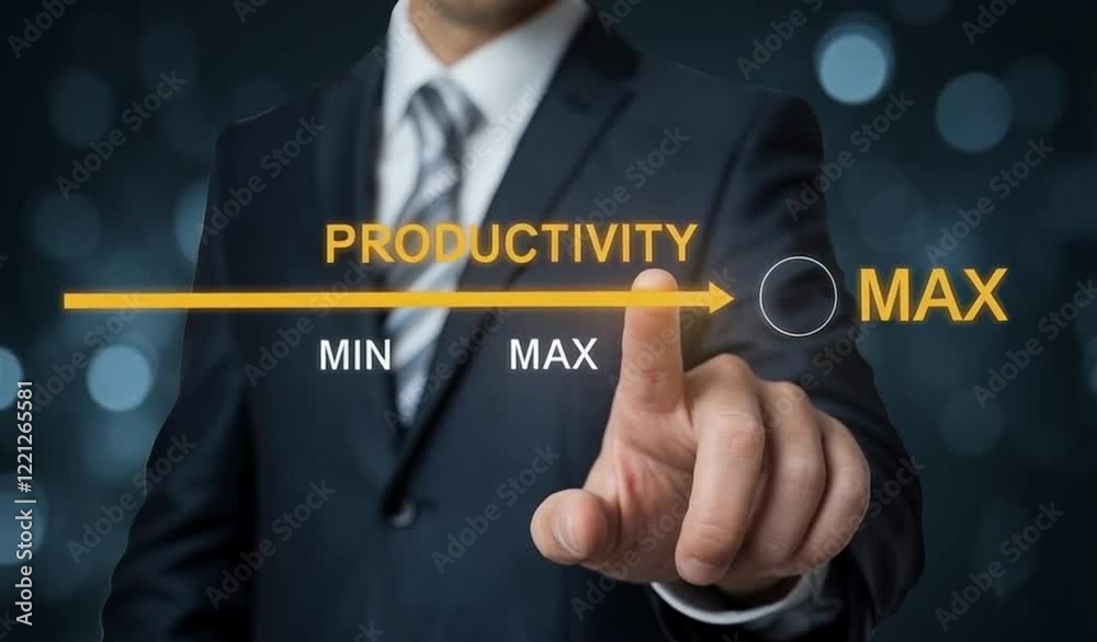 Poster Boosting Productivity: Businessman Optimizes Virtual Slider for Maximum Efficiency. Progress, improvement, and success visualized through innovative  