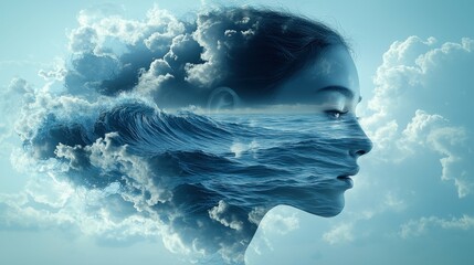 A portrait of a girl in double exposure, where her image merges with the ocean waves, symbolizing freedom, fluidity, and emotional depth