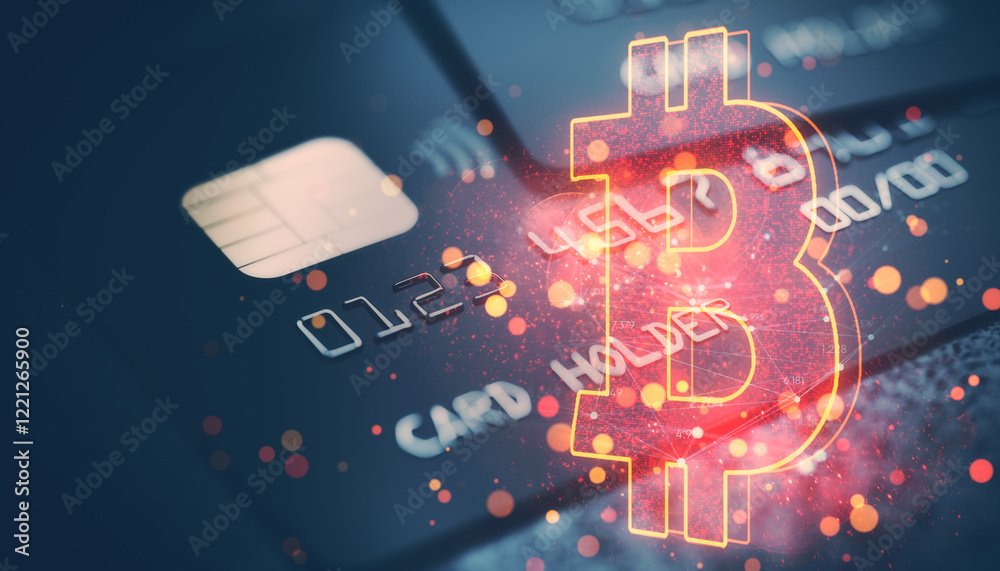 Poster abstract bitcoin symbol glowing over a credit card in a digital, futuristic setting with light effec