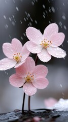Delicate pink flowers adorned with raindrops in a serene outdoor setting during a gentle rain shower