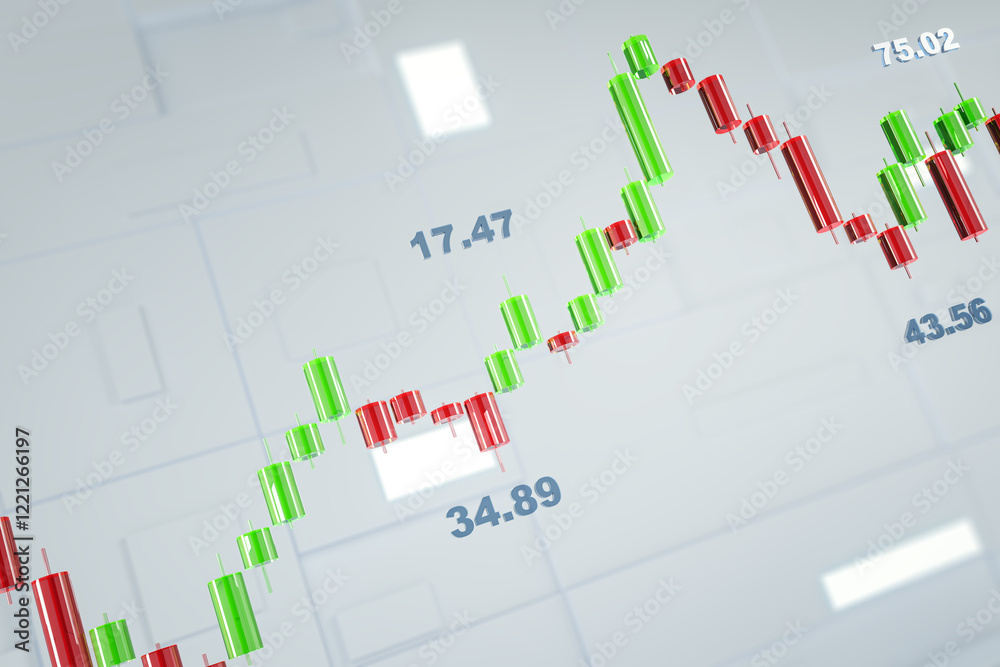 Aufkleber 3D rendering of financial candlestick chart with green and red bars on light background, representing stock market data and analysis. 3D Rendering