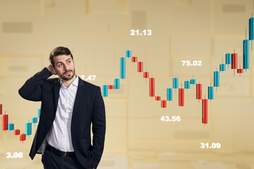 Businessman pondering stock market data with colorful candlestick chart on light background.