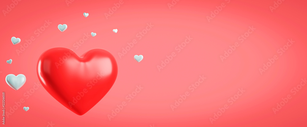 Poster red heart with white hearts on pink gradient background. 3d rendering