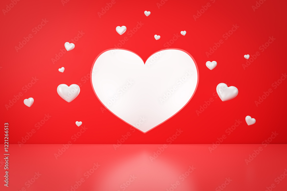 Poster abstract white hearts on vibrant red background. 3d rendering
