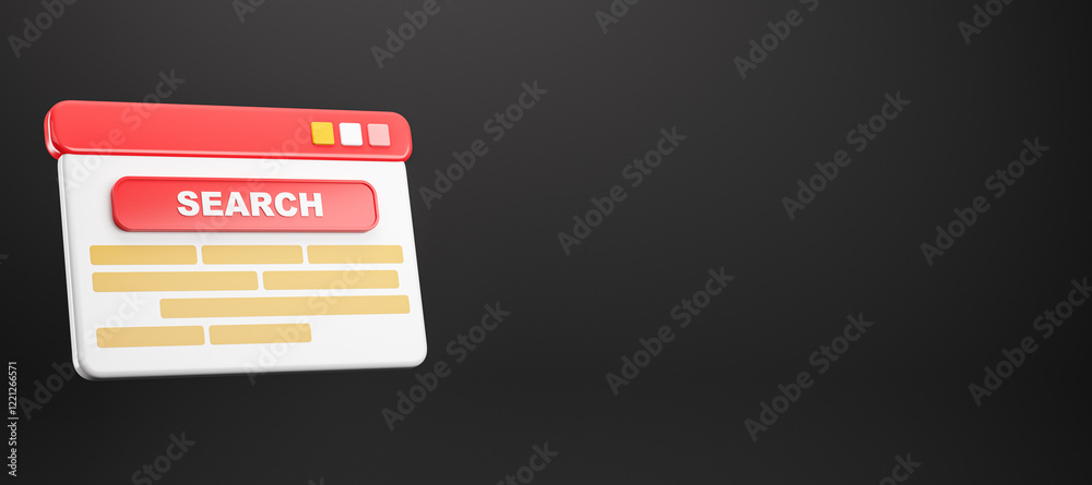 Poster 3D rendering of a search engine interface with red and white design on a dark background. 3D Rendering