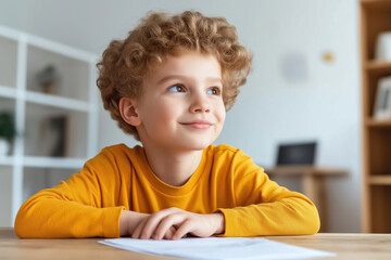 Naklejka premium Young boy in orange sweater thinking at a wooden table in a cozy room
