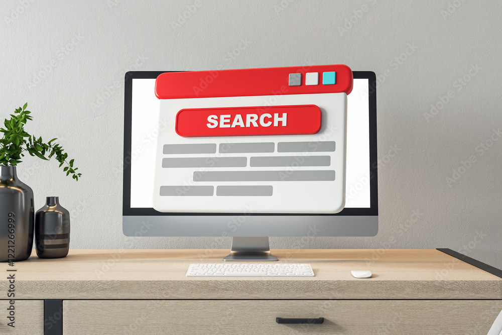 Poster Abstract search engine interface on desktop screen in modern office setting. 3D Rendering