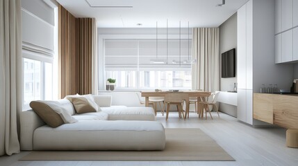 Modern flat studio featuring an eating table and a couch, complemented by a panoramic window that enhances the open and airy feel.