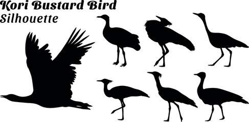 Kori Bustard Bird silhouette vector illustration set