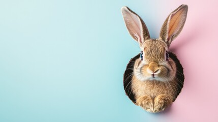 Obraz premium A playful bunny peeking out of a hole, set against a pastel-colored background with plenty of space for your text