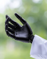 Close-up of a robotic hand showcasing advanced design and functionality in a blurred outdoor background.