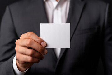 Business professional displaying a blank card in a formal suit against a dark background