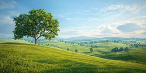Obraz premium Tranquil morning sun landscape lush green hills nature eye-level view soft natural light