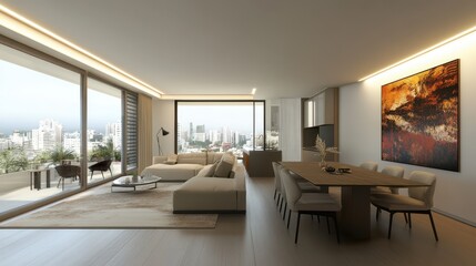 Fototapeta premium Modern flat studio featuring an eating table and a couch, complemented by a panoramic window that enhances the open and airy feel.