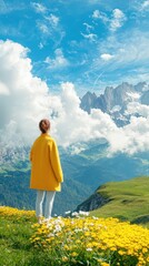 Traveler gazes at mountain view alps scenic over-the-shoulder perspective inspirational landscape