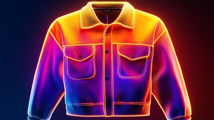 Neon denim jacket, studio shot, vibrant background, fashion