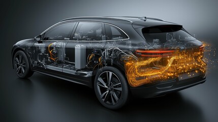 A detailed illustration of a hybrid vehicle battery, with visible components and wiring, emphasizing the technology behind eco-friendly cars
