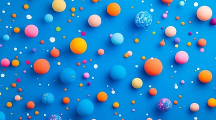 Colorful arrangement of various spheres and dots on a vibrant blue background creating a playful atmosphere